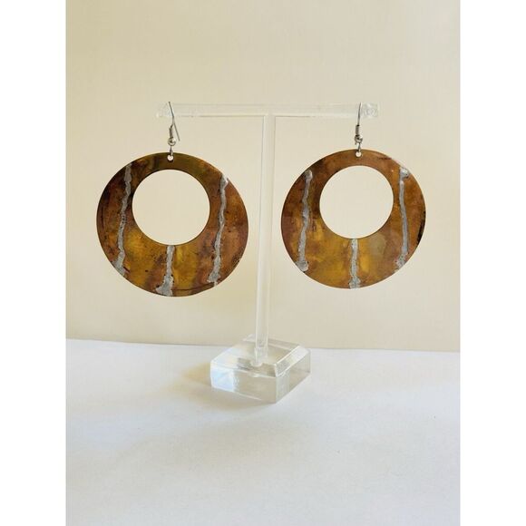 VTG Brutalist Dangle Brass Hoop Earrings statement Chunky Flashy Pierced Rare - Picture 2 of 5